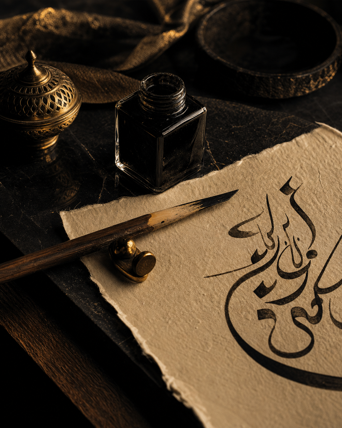 Traditional Arabic calligraphy tools illuminated by warm gold light